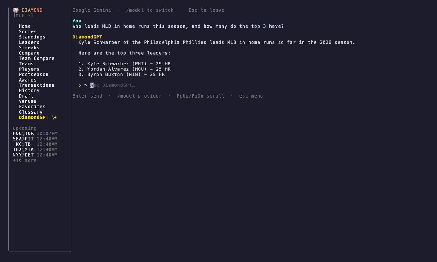 DiamondGPT in the terminal — answering an MLB question with live data