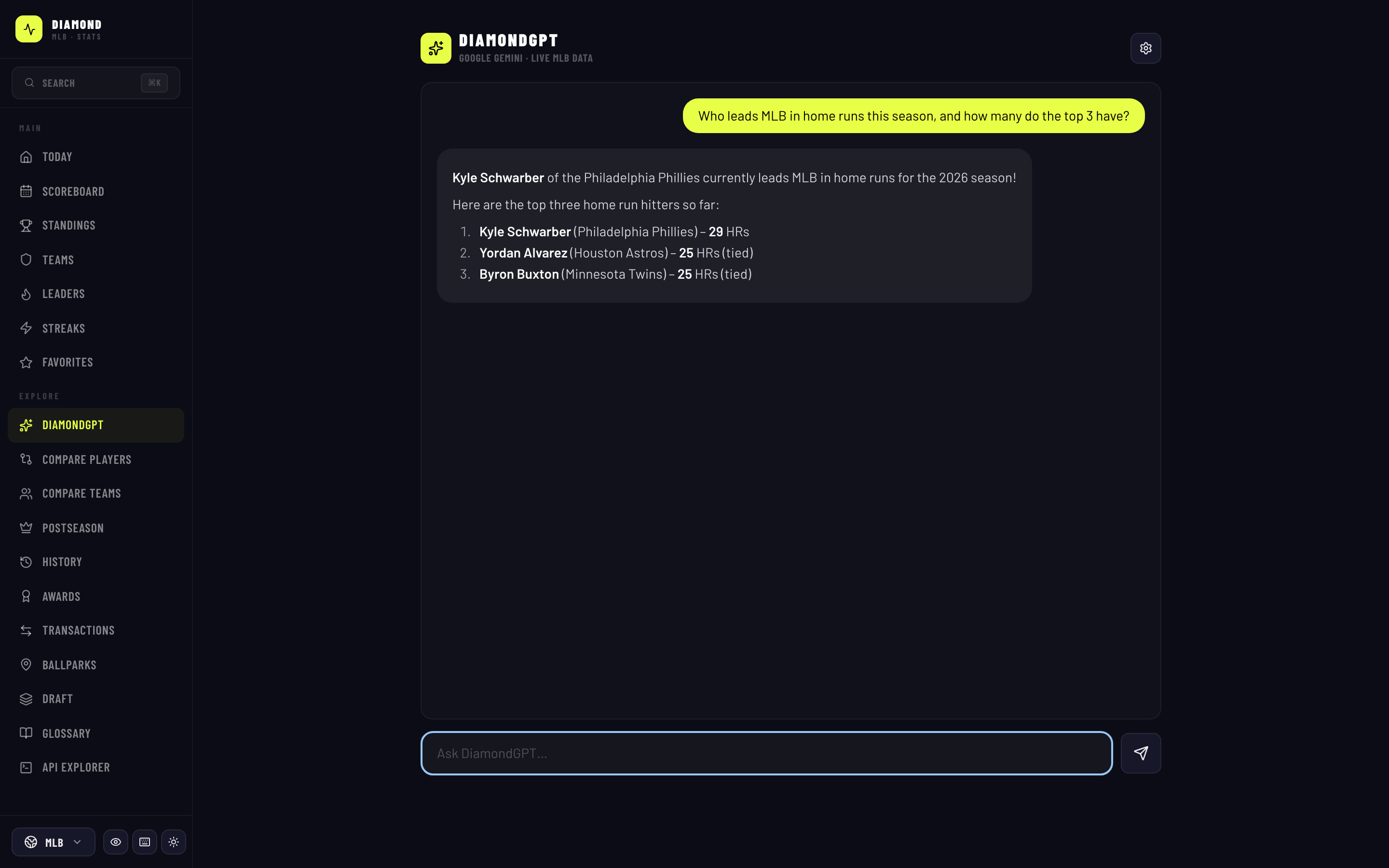 DiamondGPT answering a question about MLB home run leaders with live data