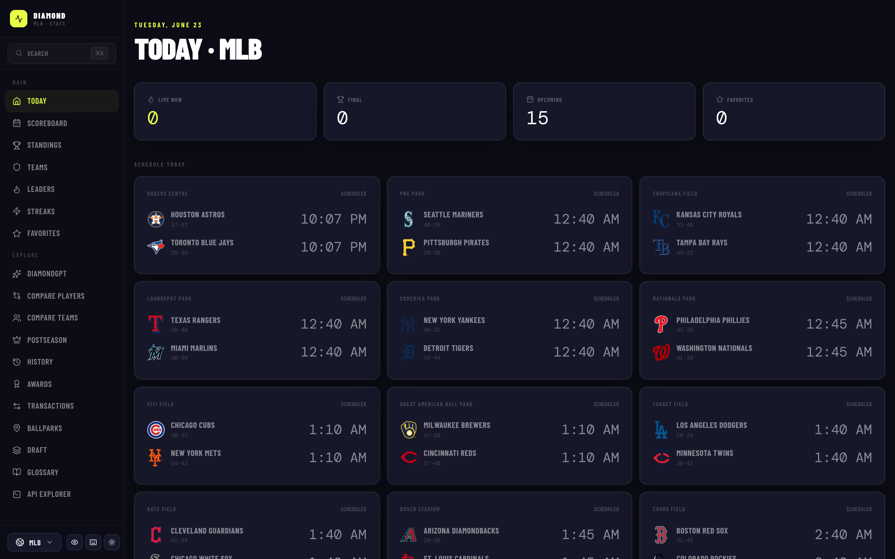 Diamond web app — today's MLB scoreboard dashboard
